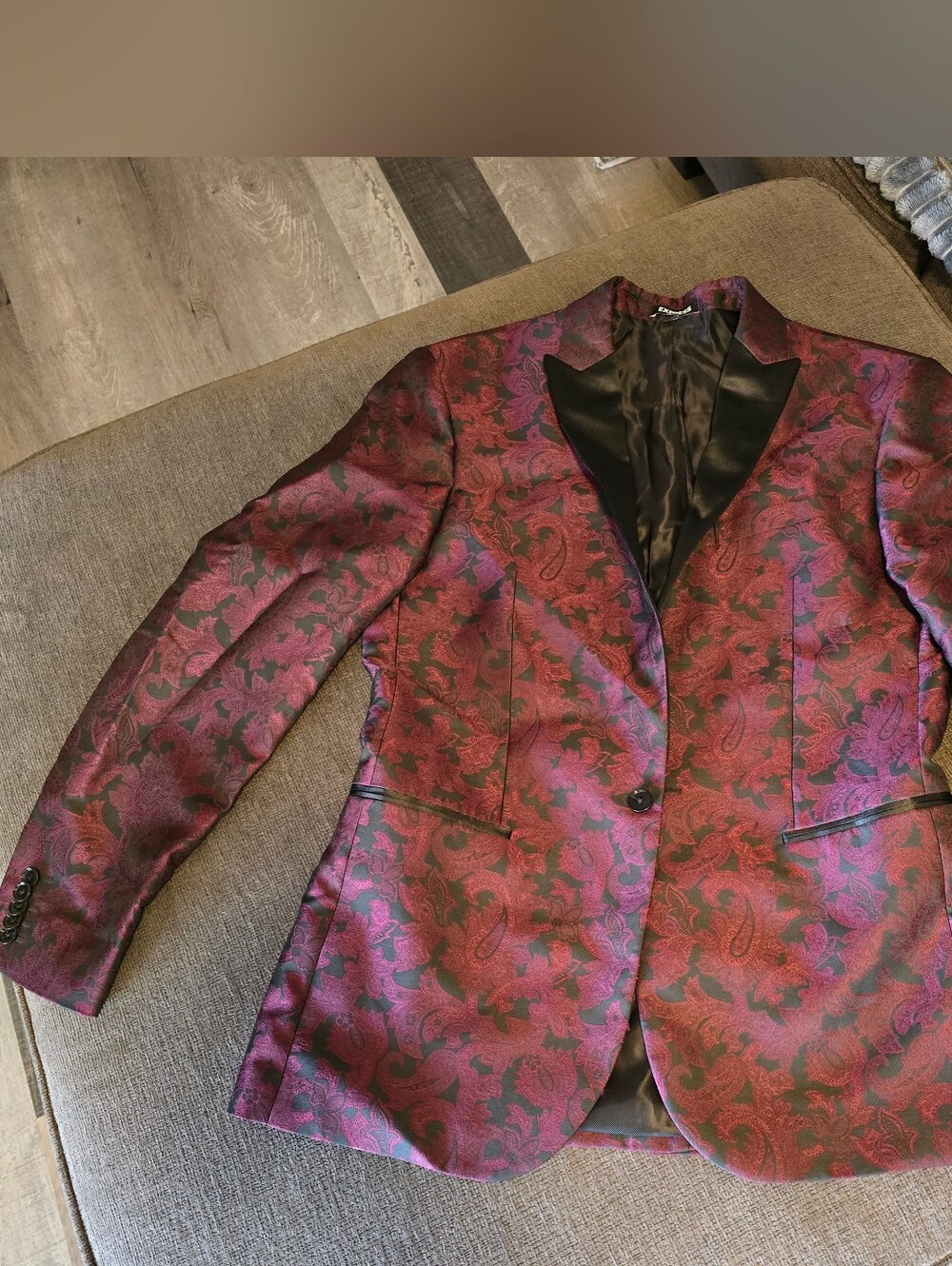 Mens Burgundy Paisley Blazer with Black Satin Lapel
